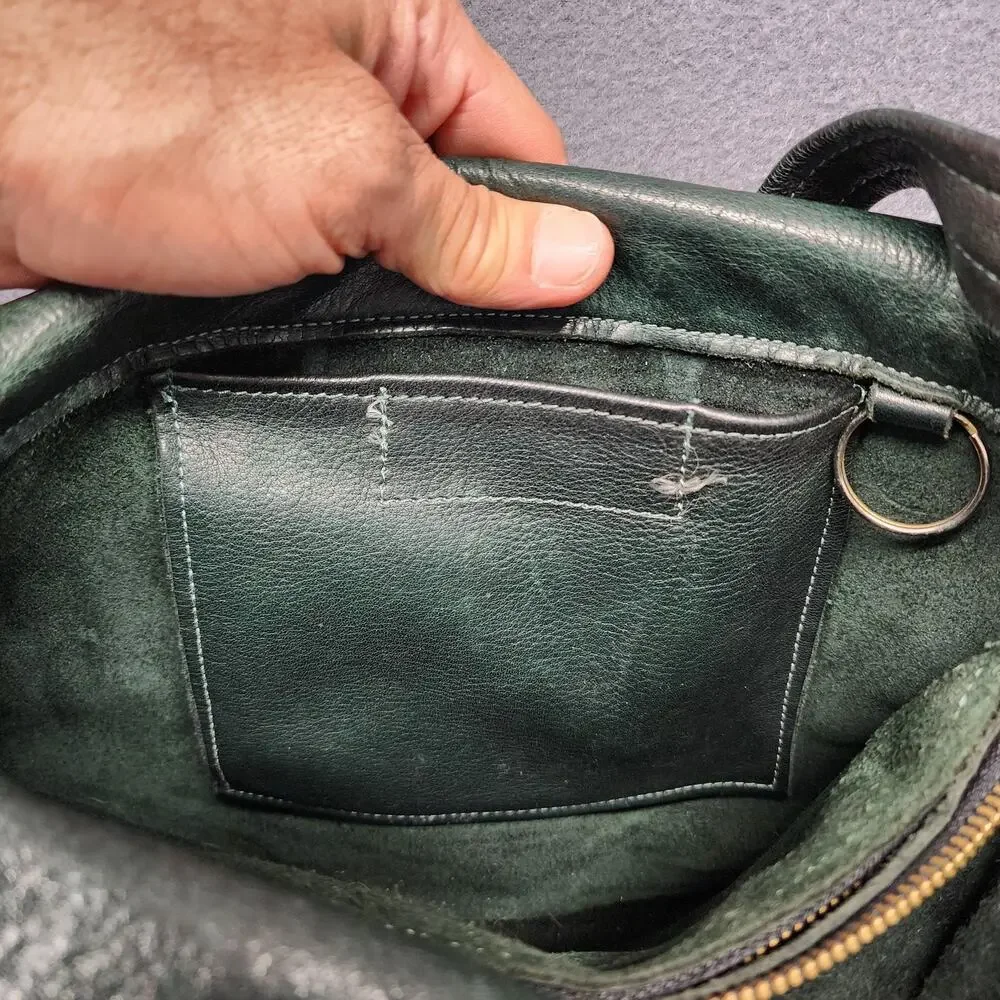 Leather Shoulder Bag Womens Dark Green Flap Pocket Zip Compartments Medium Purse